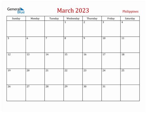 Calendar for March, 2023, Philippines .